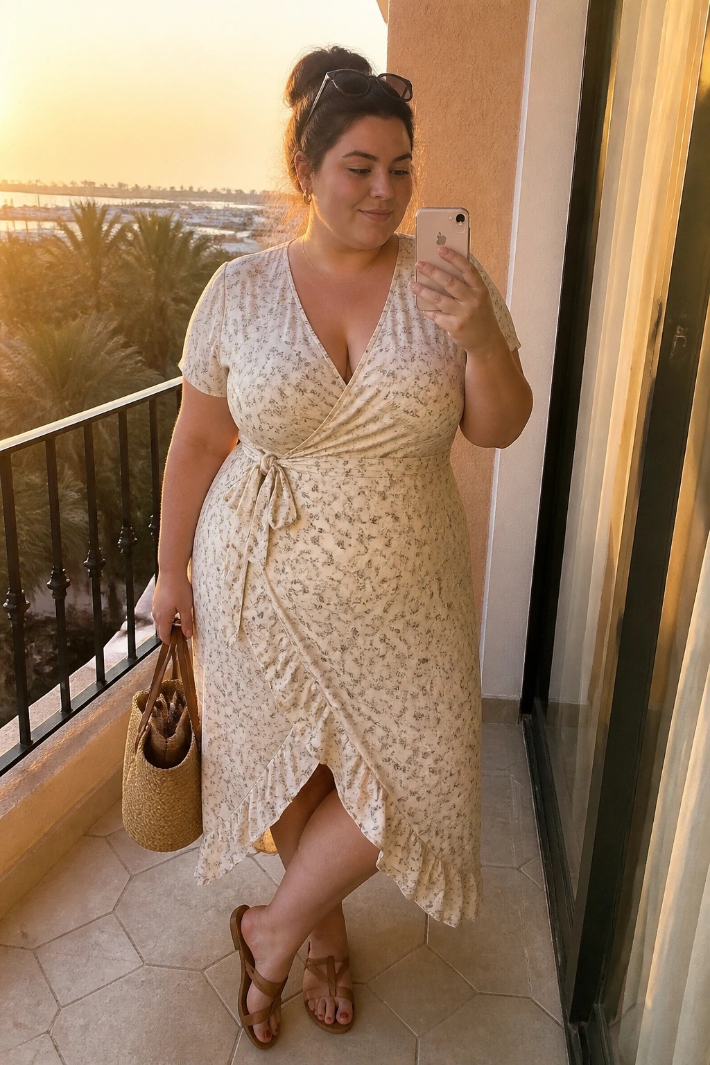 Woman wearing a cream floral wrap midi dress with short sleeves, waist tie, and ruffled hem, paired with brown strappy sandals and holding a woven straw tote