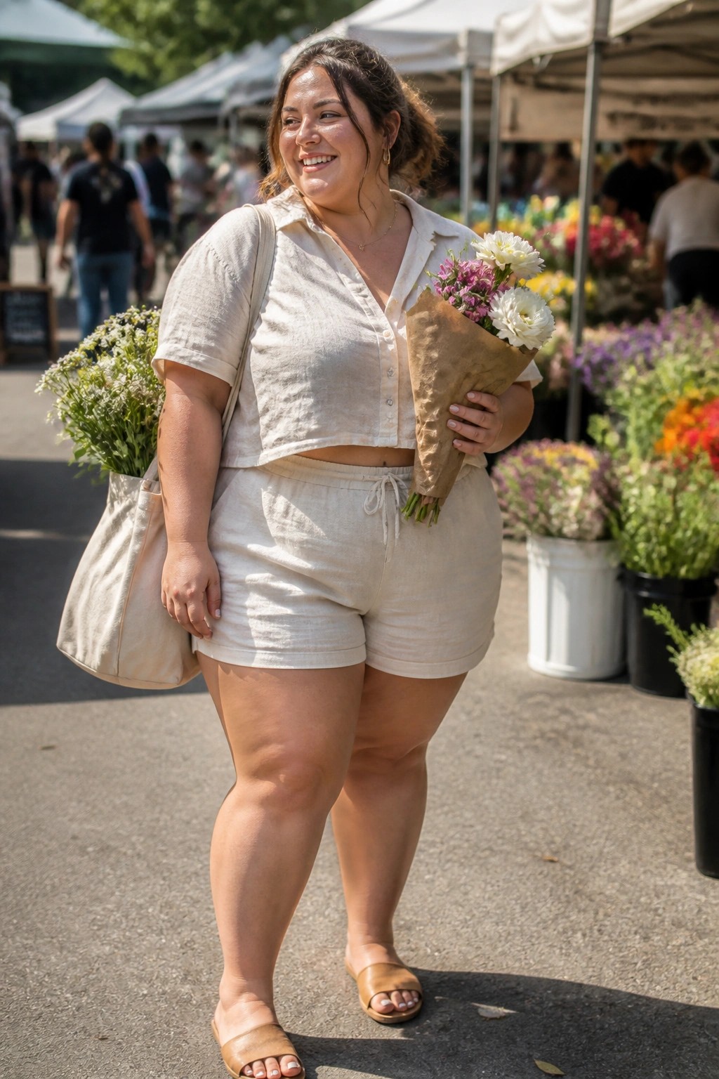 Woman in cream crop top and shorts holding flower bouquet at sunny market