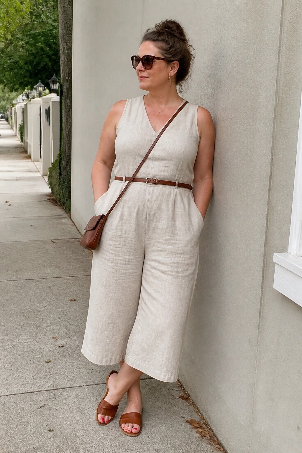 Woman in beige linen jumpsuit with brown belt, bag, and sandals on sidewalk