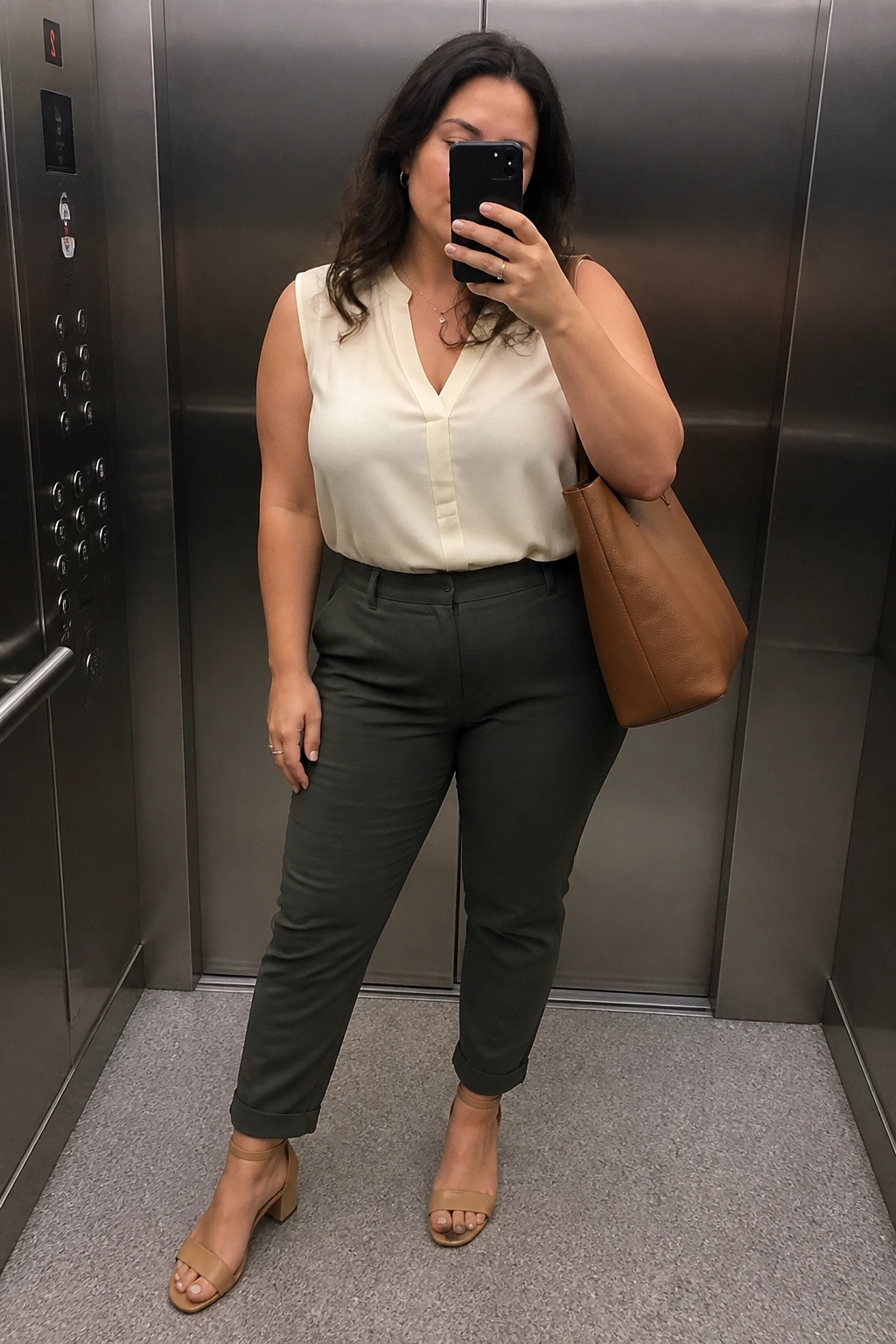 Woman in cream blouse and green pants taking selfie in elevator