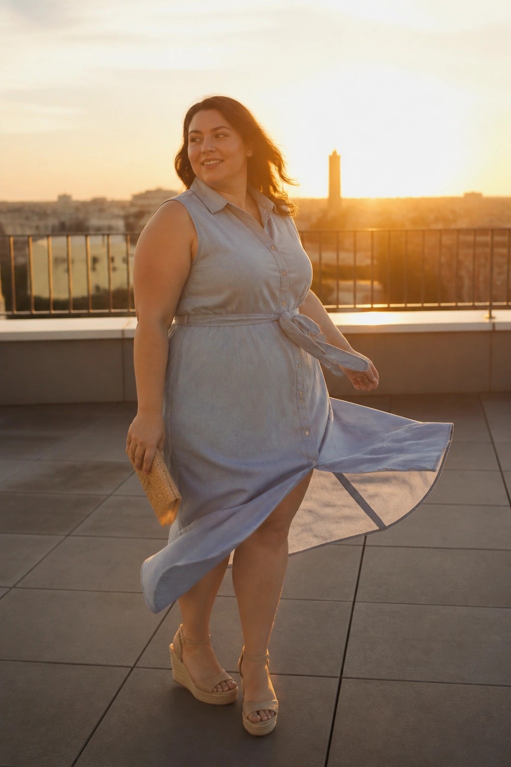 A plus size woman wearing a light blue sleeveless denim shirt dress with a tie belt, beige wedge sandals, and holding a woven clutch.