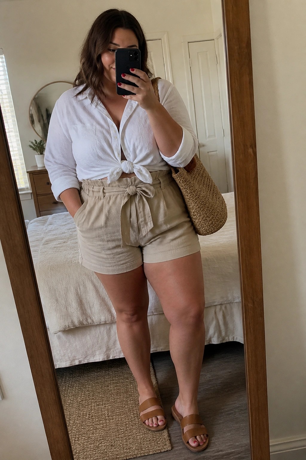 Plus size woman wearing a white button down shirt knotted at the waist with beige tie belt shorts, holding a woven bag and phone for a mirror selfie.