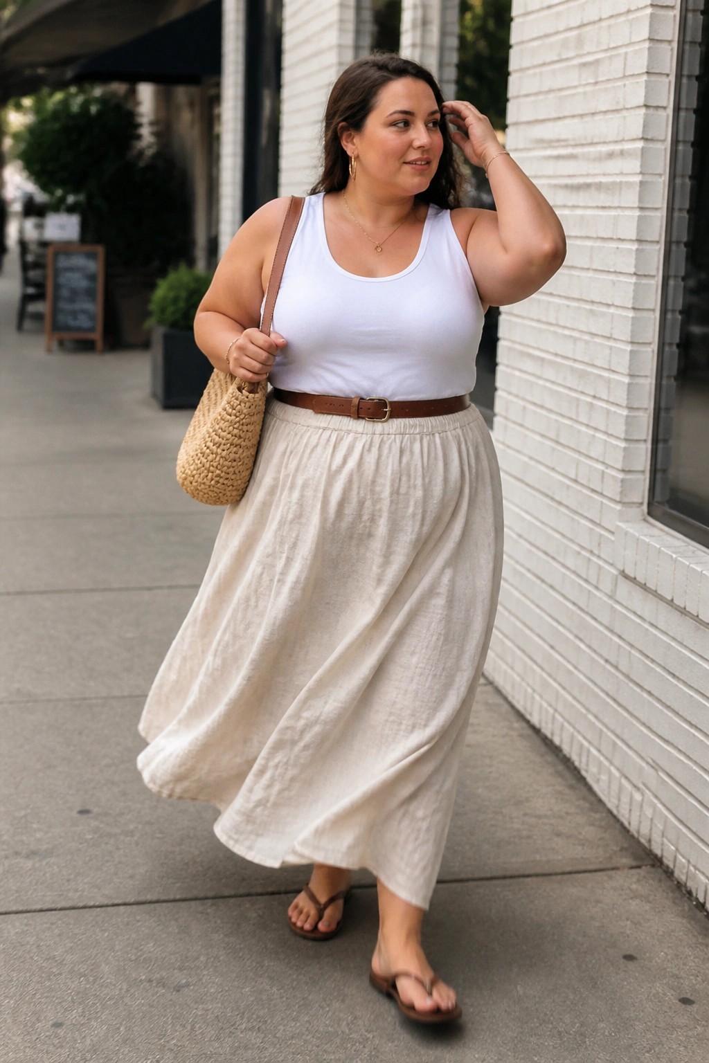 Plus-size woman in white tank top and flowing beige skirt with woven bag on sidewalk