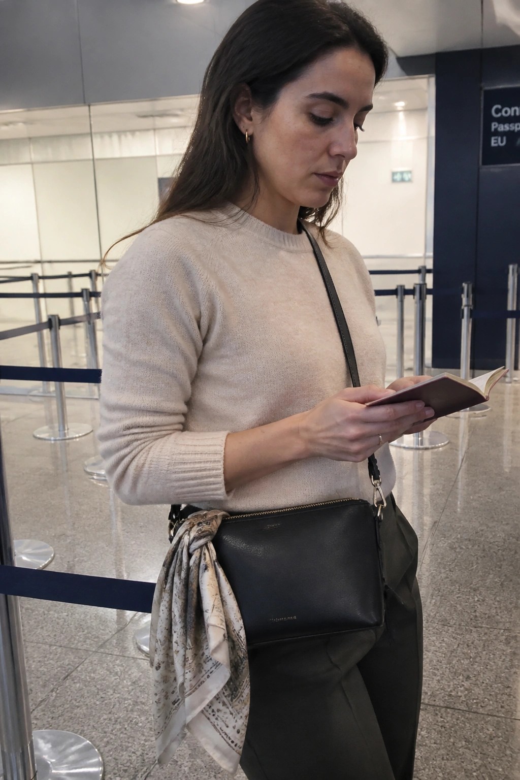 Woman in beige sweater reads passport beside black bag at airport control