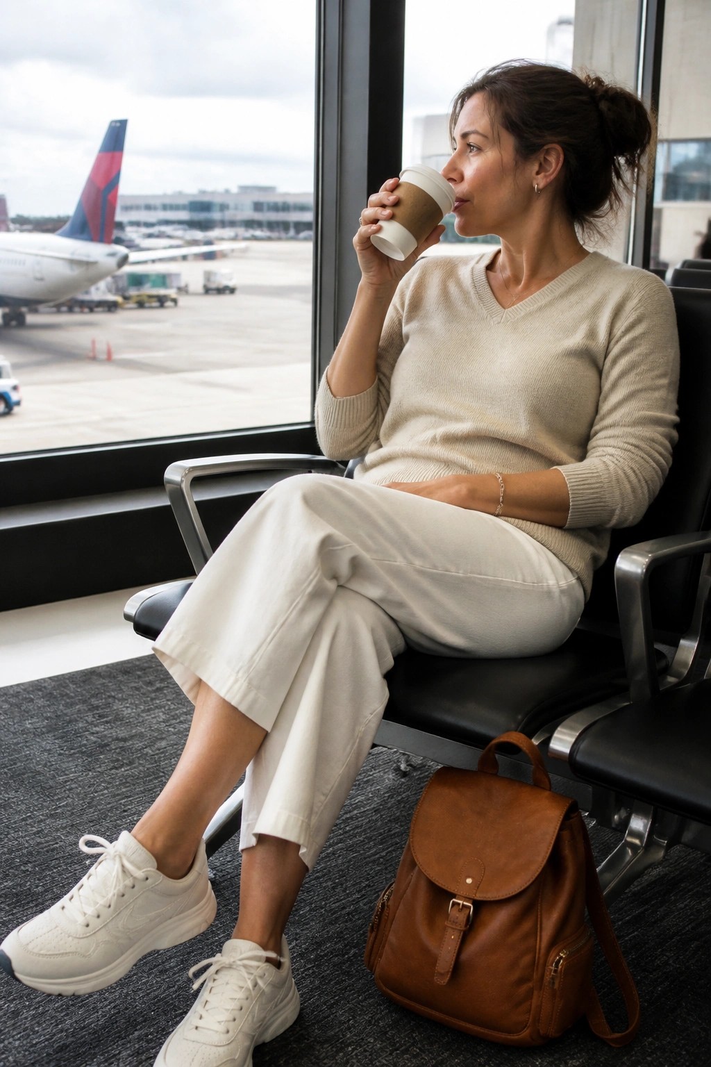 Woman in beige sweater sipping coffee by airport window with brown backpack.