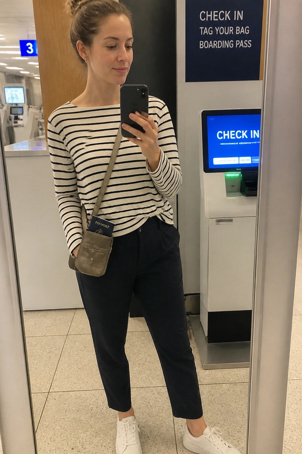 Woman in striped shirt taking mirror selfie at airport check-in kiosk with passport bag.