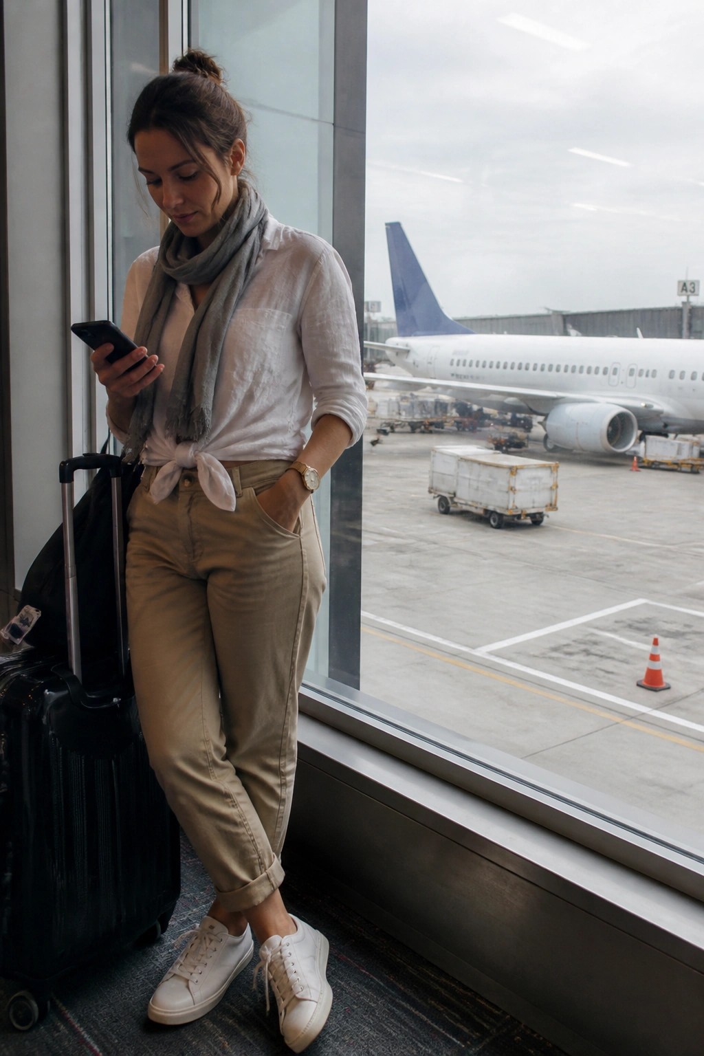 Woman in white shirt and beige pants views phone by airport window with suitcase