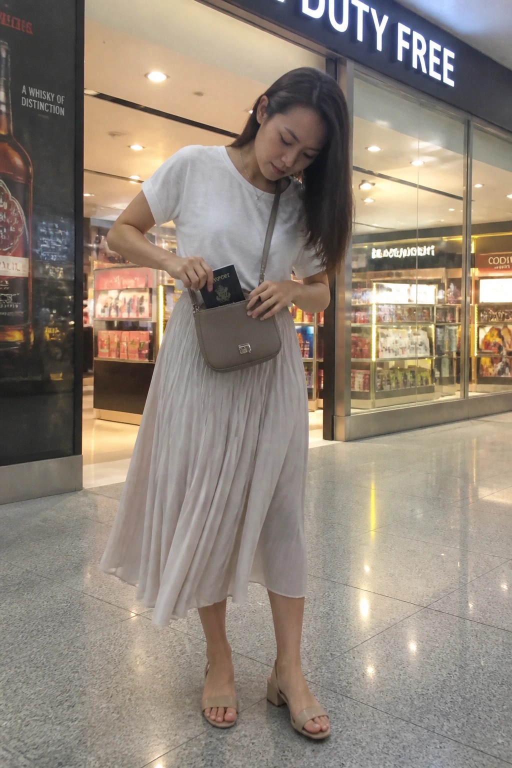 Woman in white top and pleated skirt placing passport into beige crossbody bag near duty-free shop.