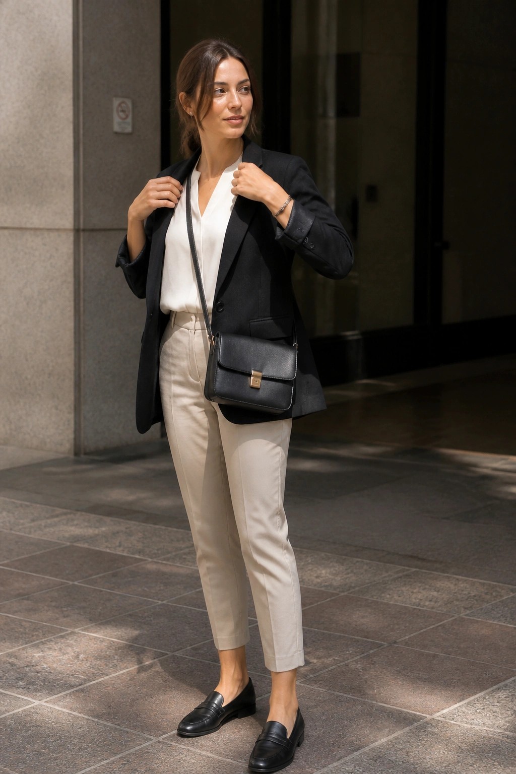 Woman in black blazer, white blouse, beige pants with black handbag on sidewalk