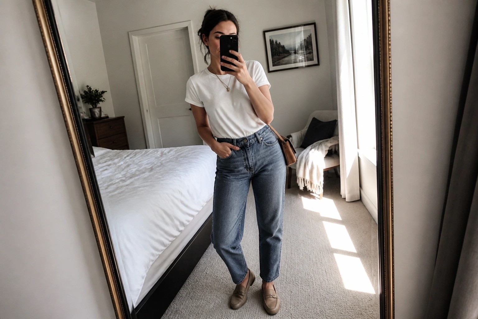 Woman in white t-shirt and blue jeans taking mirror selfie in bedroom