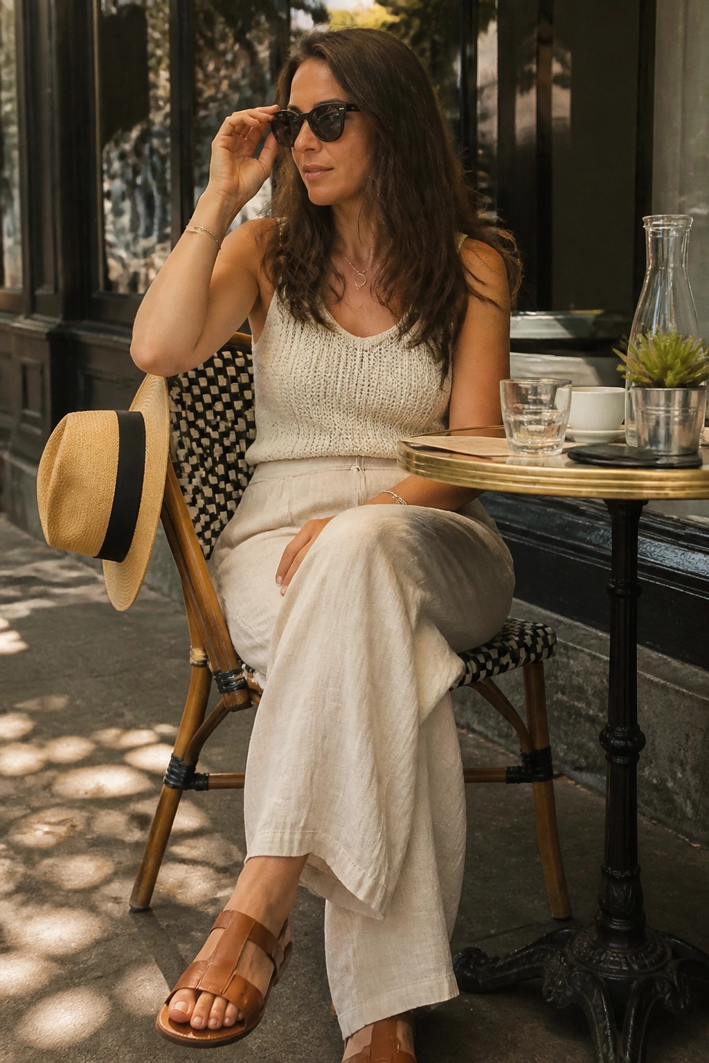 Woman in cream knit top and linen pants adjusts sunglasses at outdoor cafe.