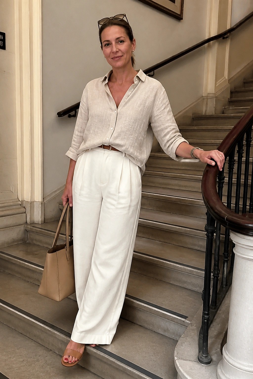 Woman in beige linen shirt and white trousers on staircase with tote bag