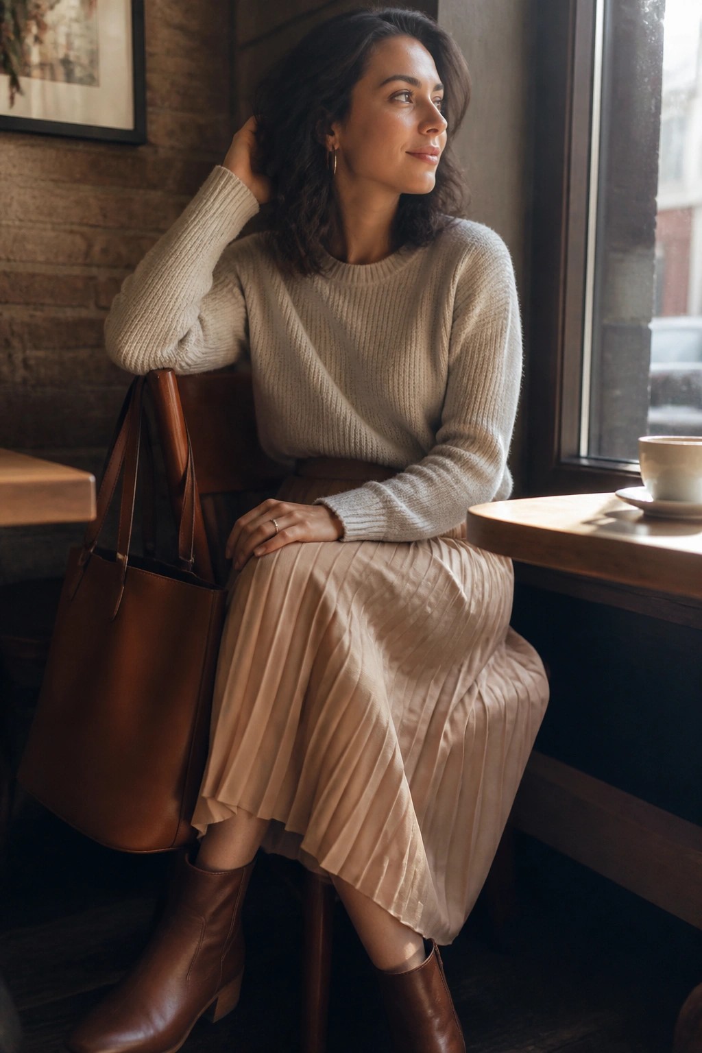 Woman in beige ribbed knit sweater tucked into light beige pleated midi skirt paired with brown leather ankle boots and matching tote bag seated indoors by a window.