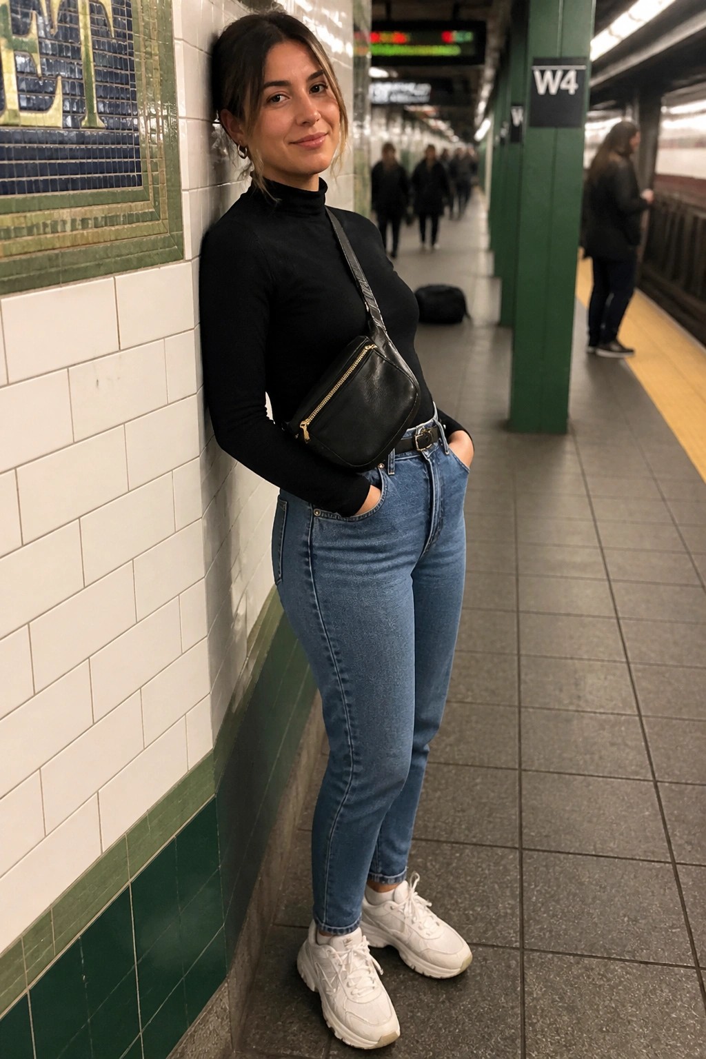 Woman in black turtleneck and jeans leaning on subway platform wall