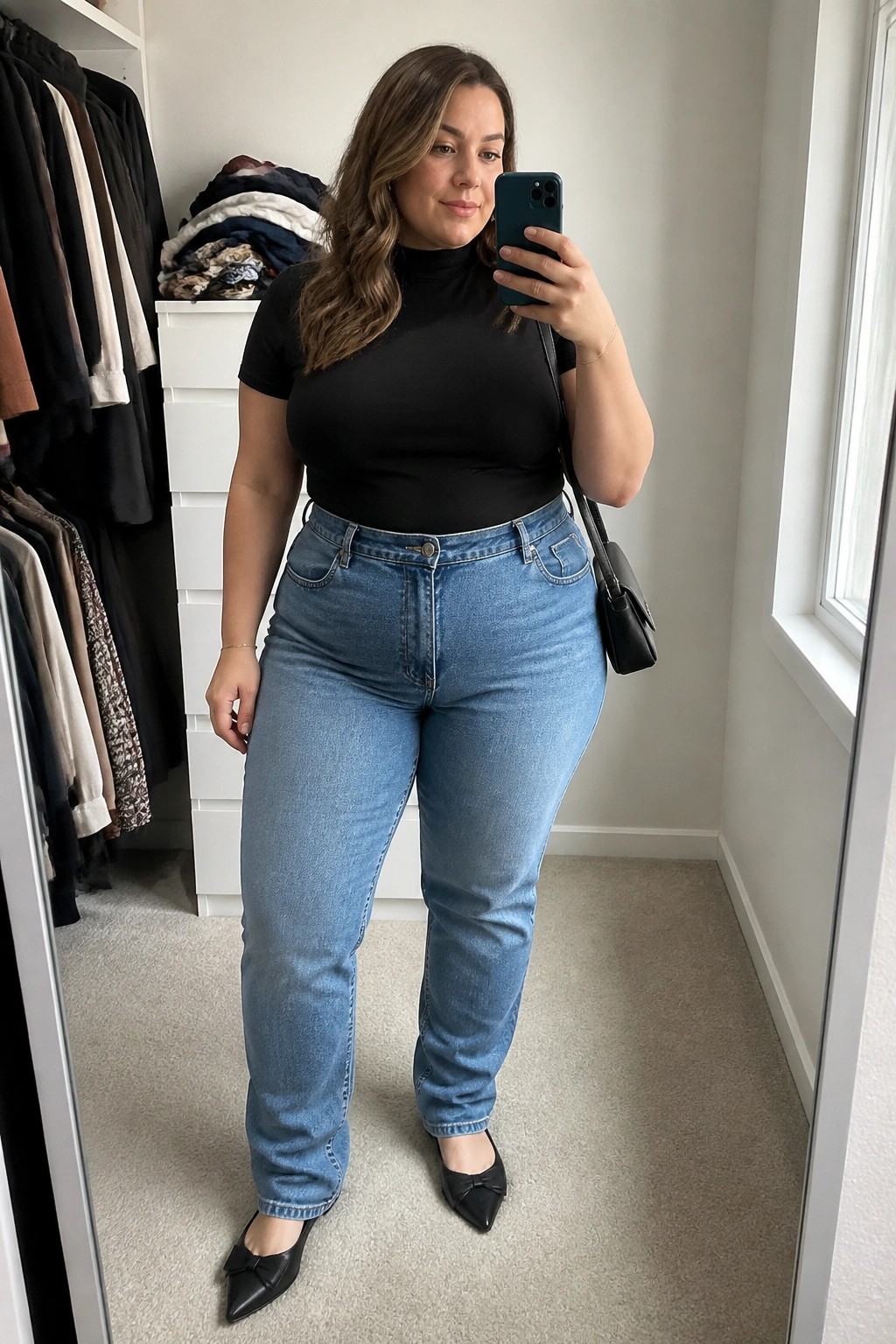 Woman in black turtleneck and blue jeans taking mirror selfie with phone