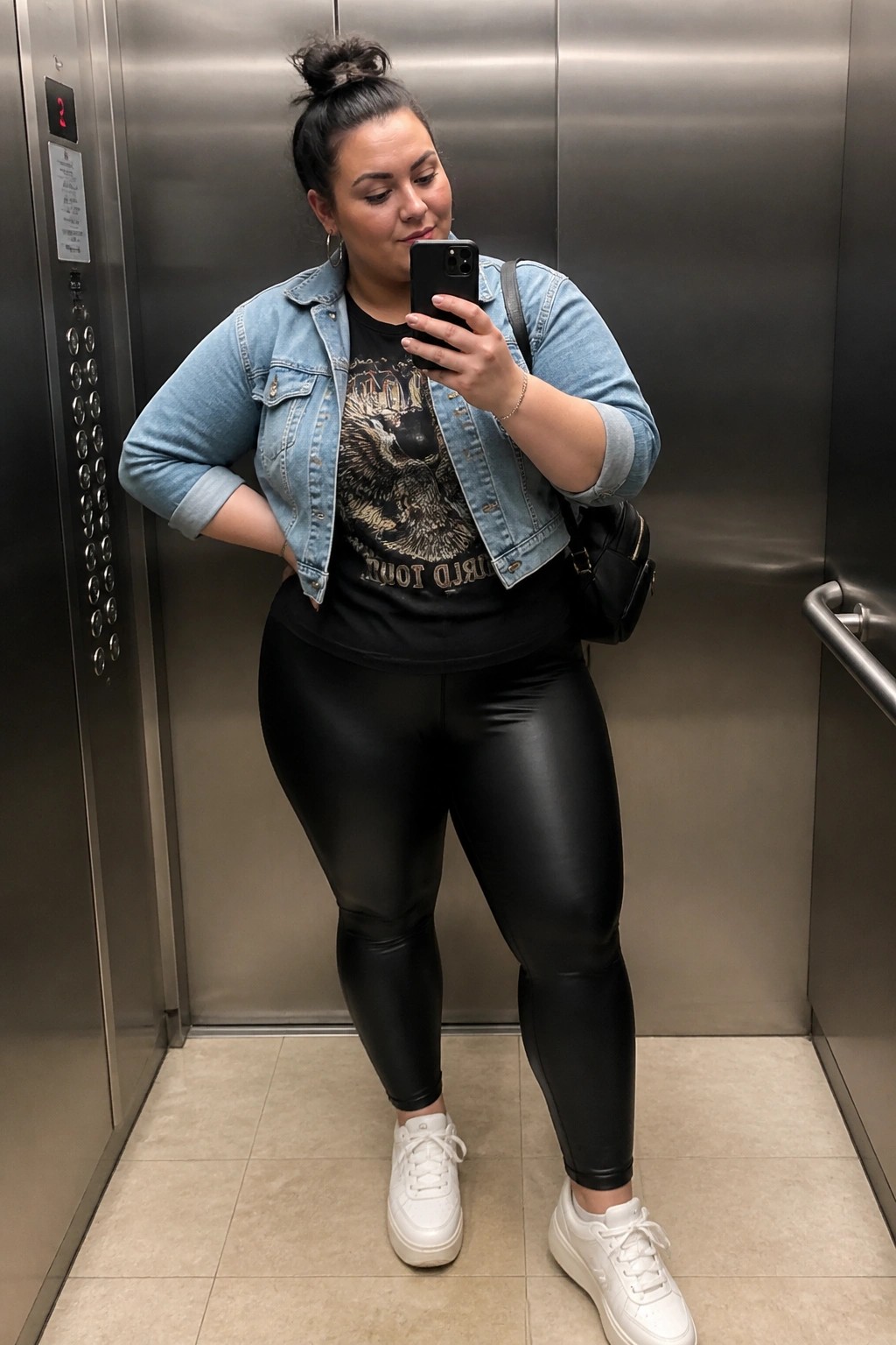 Plus size woman in elevator wearing light blue denim jacket over black graphic eagle t-shirt, shiny black leggings, white sneakers, and black crossbody bag while taking a mirror selfie.