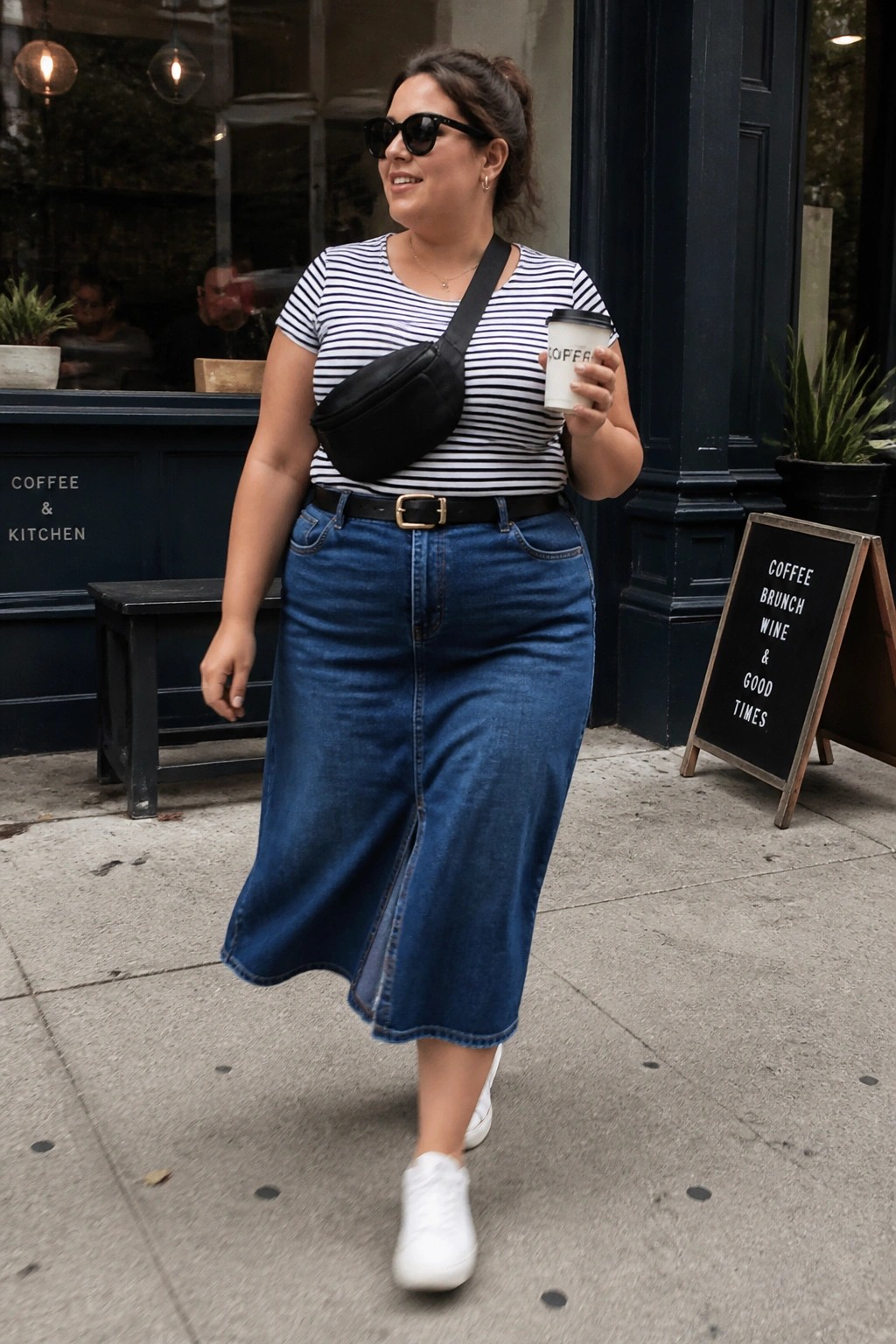 Plus size woman wearing a navy blue denim midi skirt with a black belt, black and white striped short sleeve top, black crossbody bag, white sneakers, and holding a coffee cup while standing on a sidewalk.