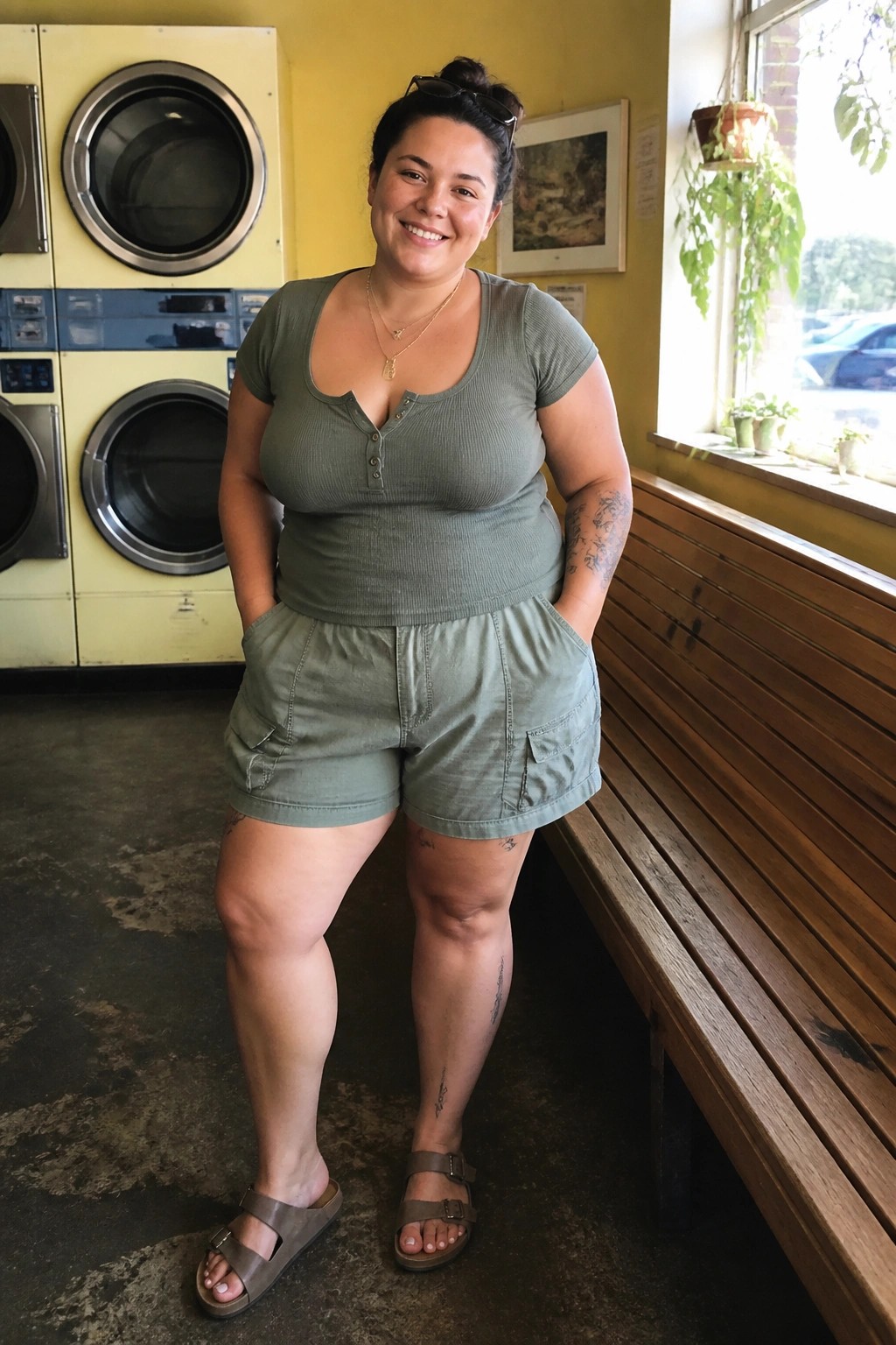 Plus size woman wearing a sage green ribbed henley top with matching cargo shorts and brown two strap sandals standing in a laundromat with hands in pockets.