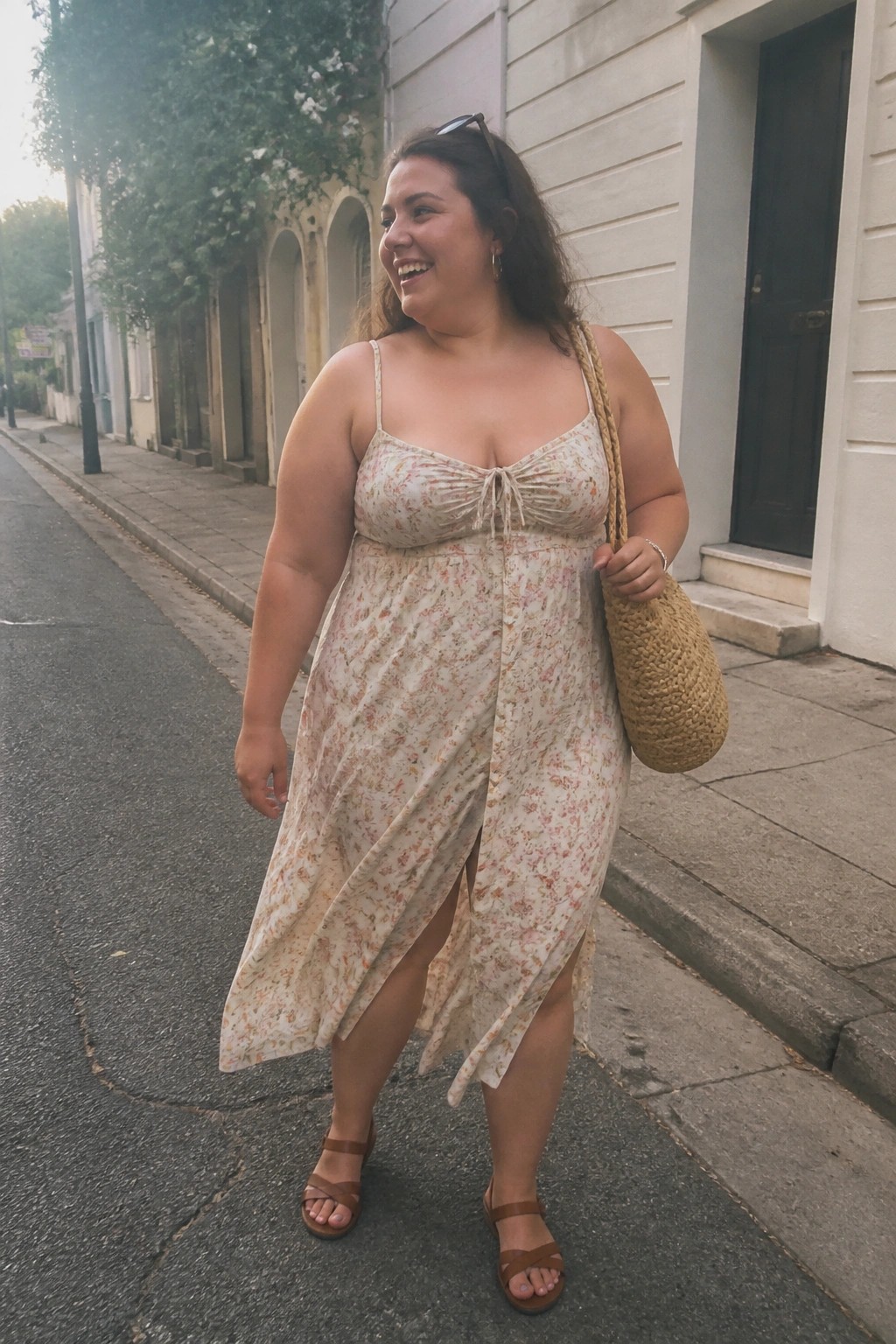 Smiling woman in floral dress holding woven bag on city sidewalk