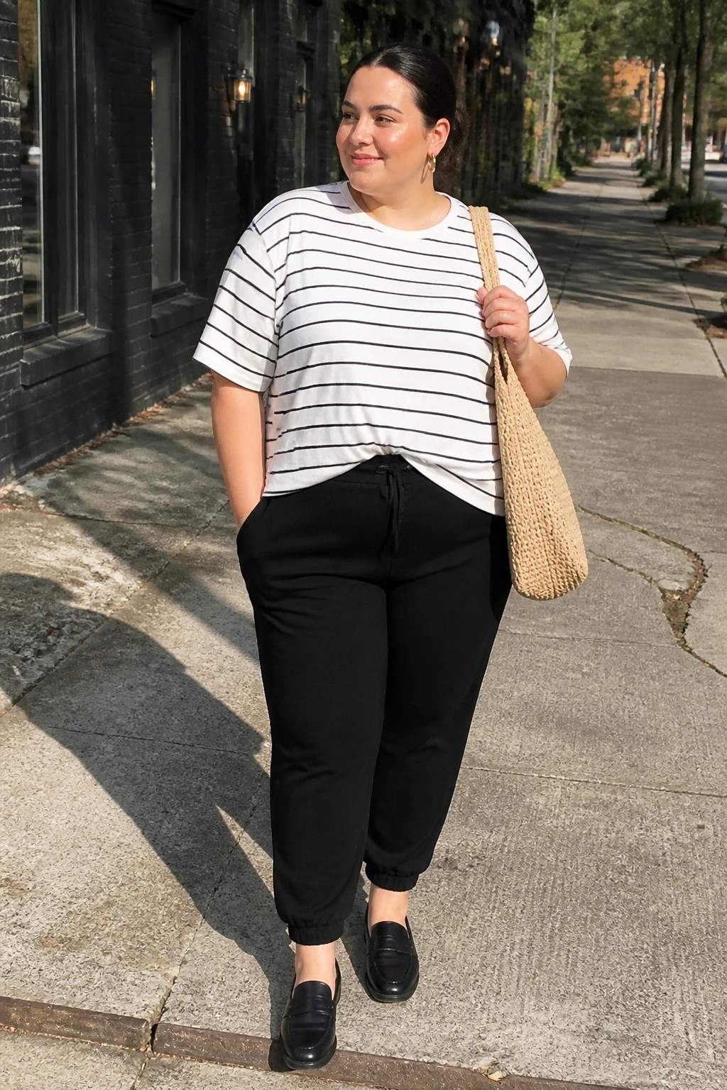 Plus size woman wearing a white t-shirt with black horizontal stripes tucked partially into black jogger pants with a drawstring waist, paired with black loafers and carrying a beige woven tote bag over one shoulder.