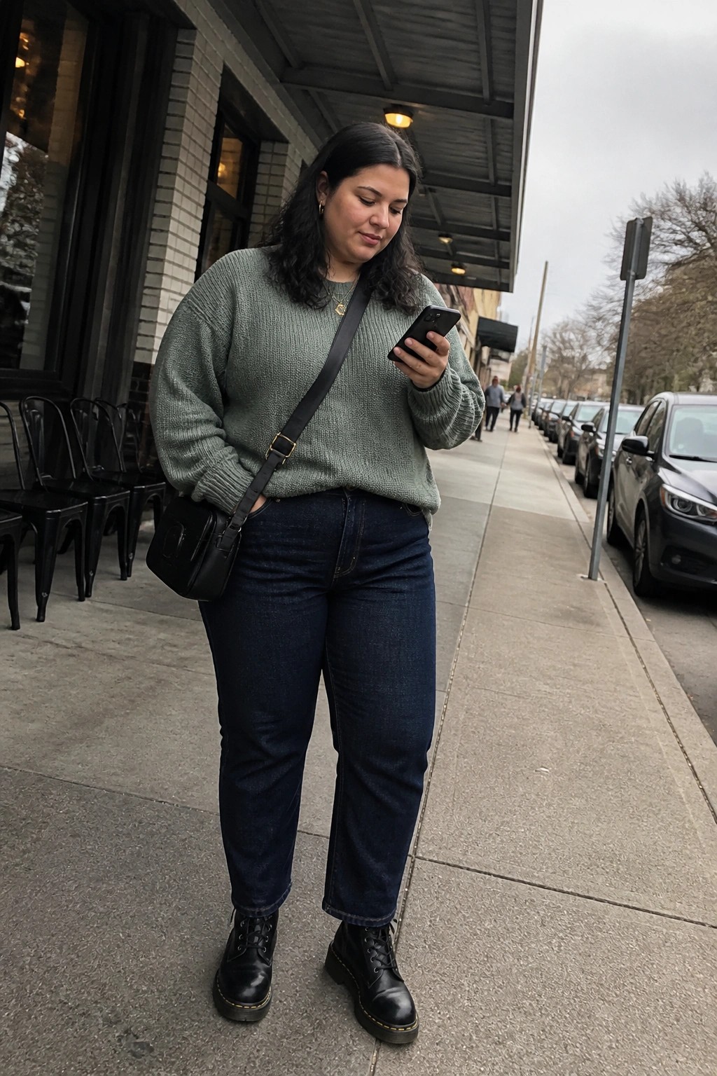 Woman in green sweater and jeans checks smartphone on urban sidewalk.