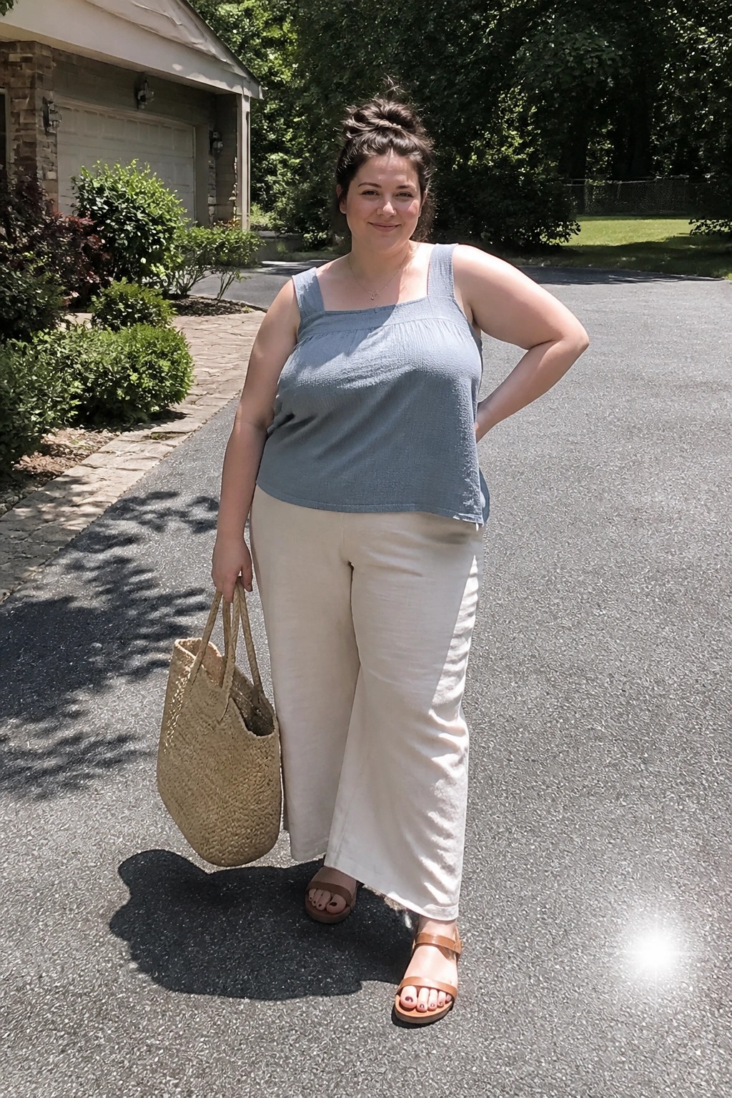 Plus size woman in light blue square neck tank top and cream wide leg pants with brown sandals holding a straw tote bag on a driveway.