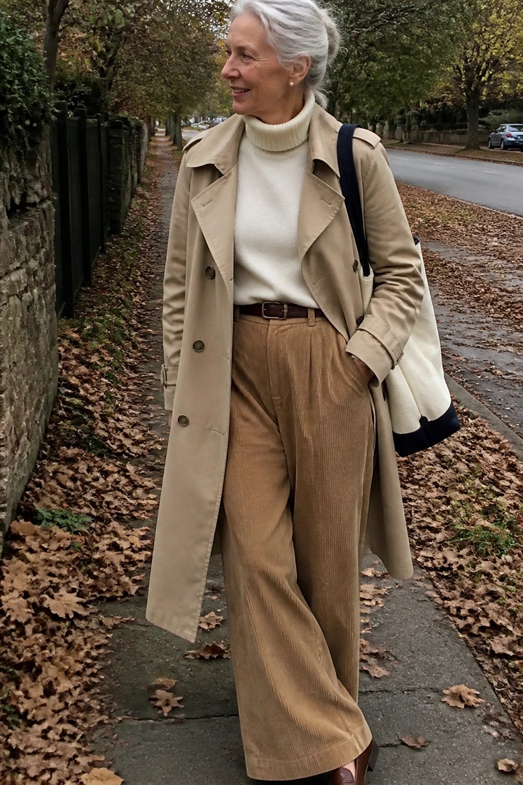 Woman in beige trench coat, cream turtleneck, and brown corduroy pants on autumn path