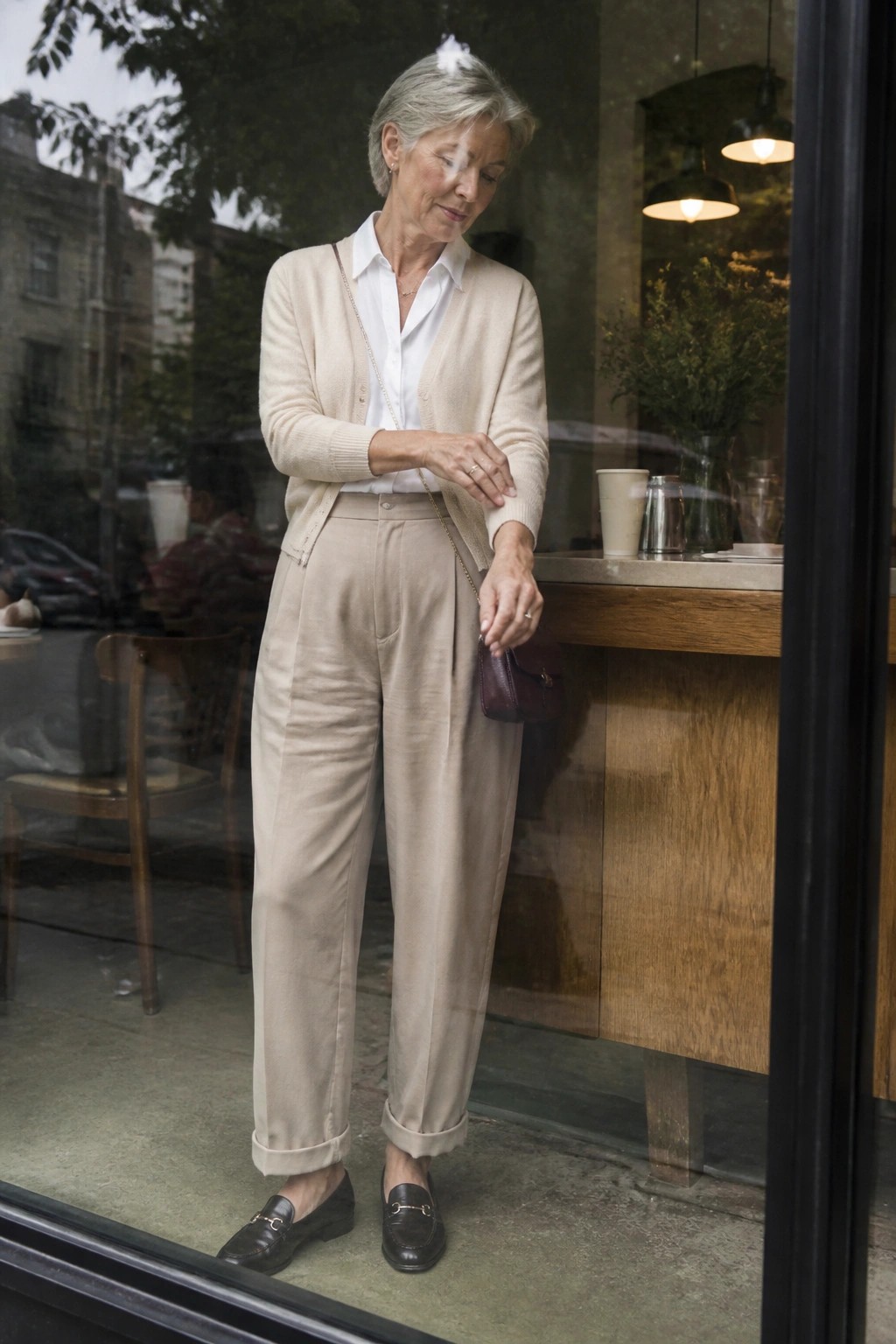 Stylish older woman in beige cardigan and trousers with maroon chain-strap bag at cafe.