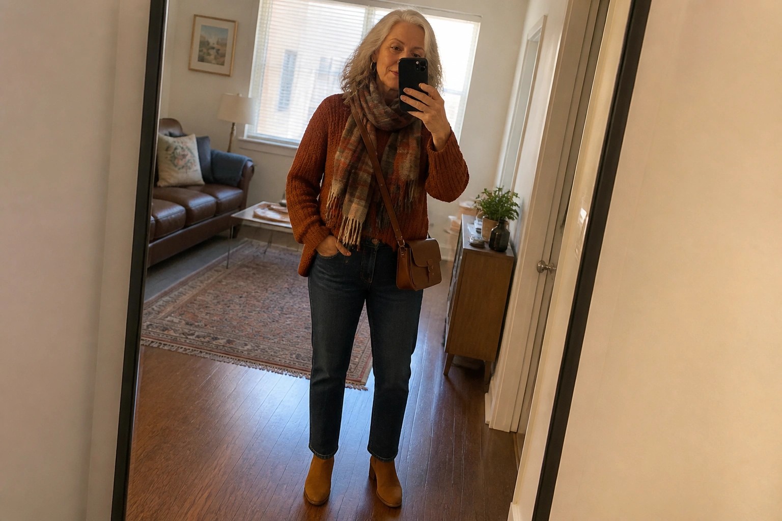 Woman in rust sweater and plaid scarf taking mirror selfie in hallway