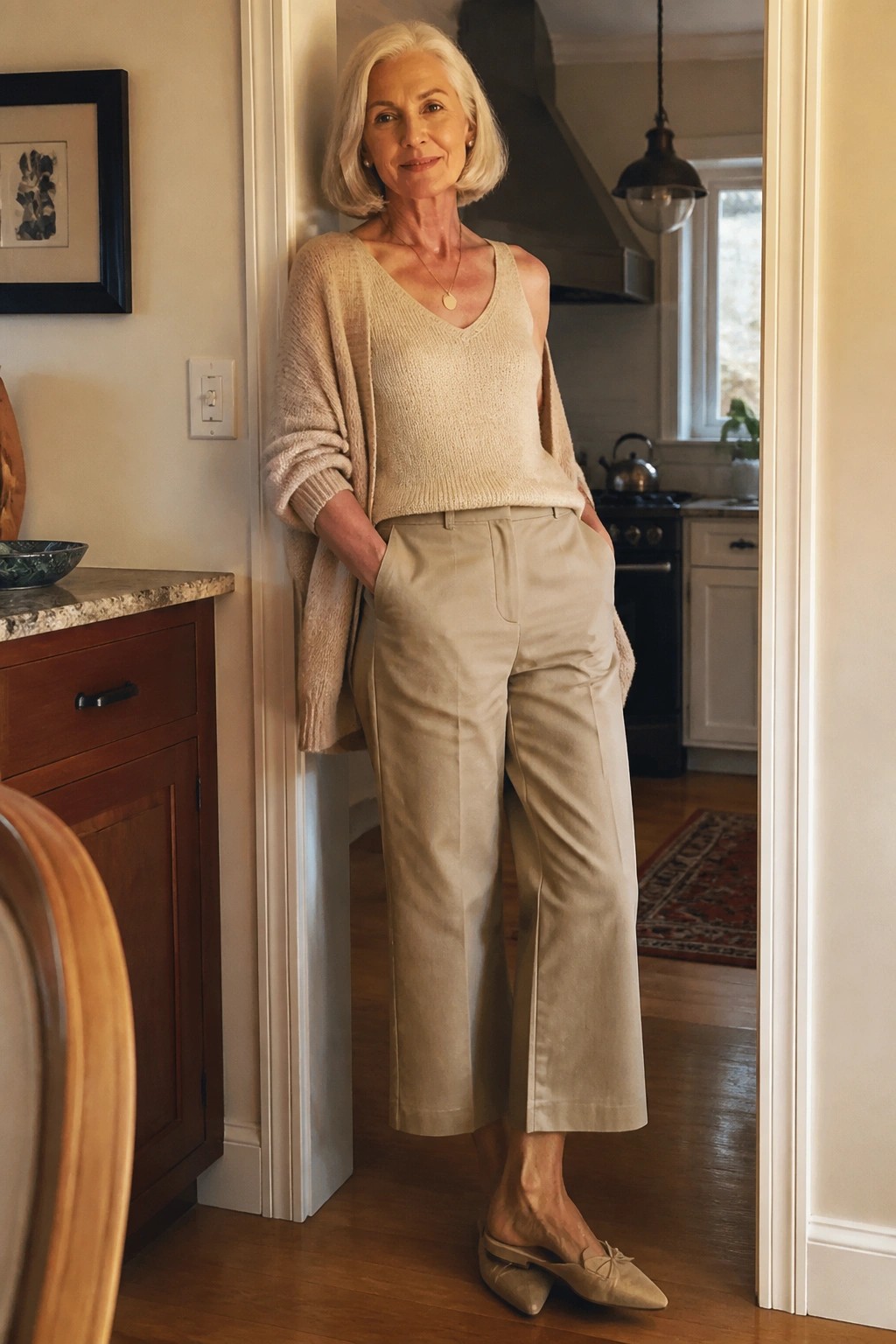 Elegant older woman in beige sweater and wide pants standing in doorway