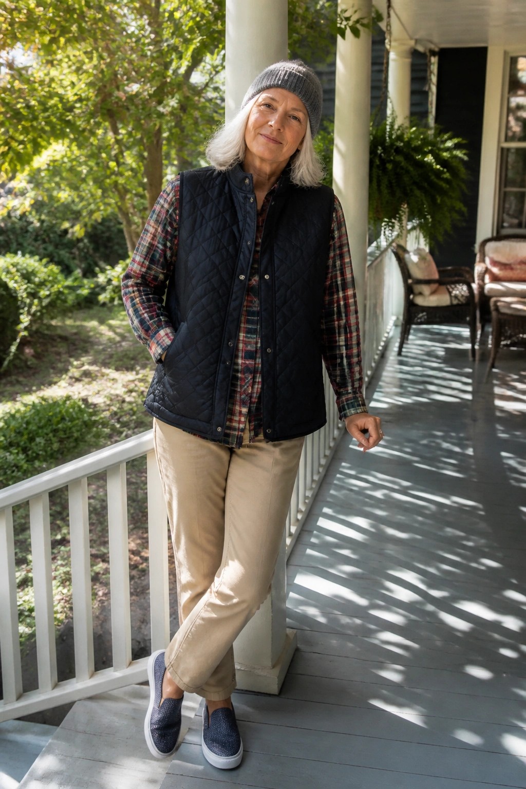Elderly woman in plaid shirt, quilted vest, beanie, and beige pants on porch