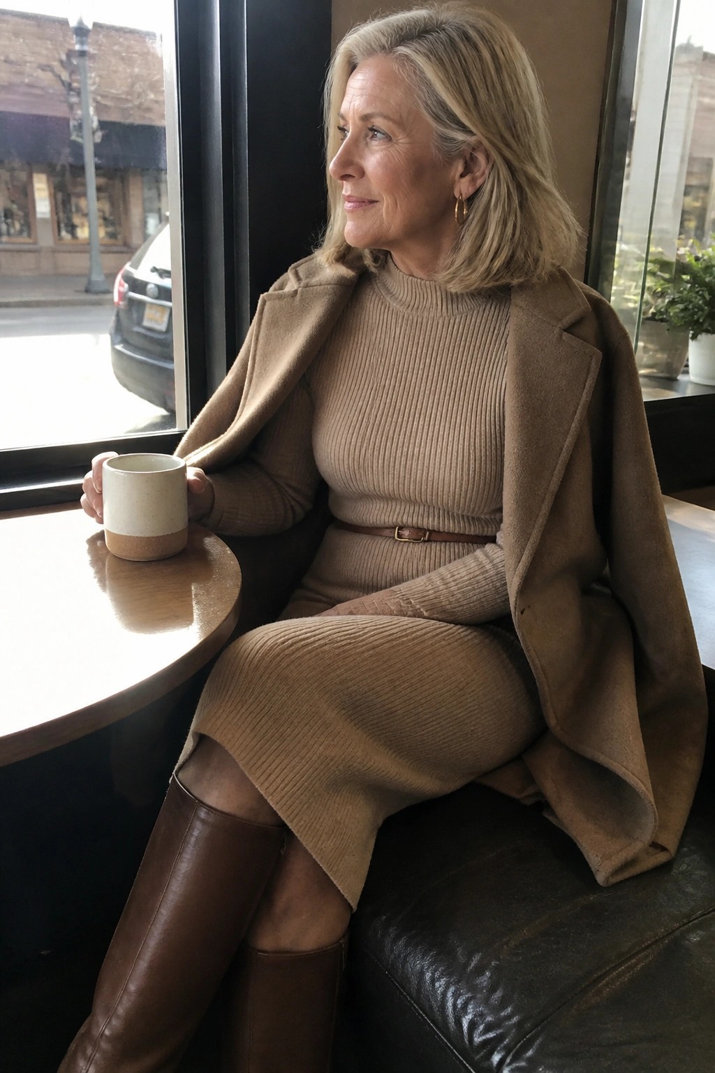 Woman in beige ribbed dress and coat holding mug by cafe window