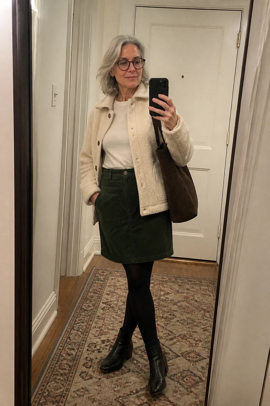 Gray-haired woman in cream fleece jacket and green corduroy skirt taking mirror selfie.