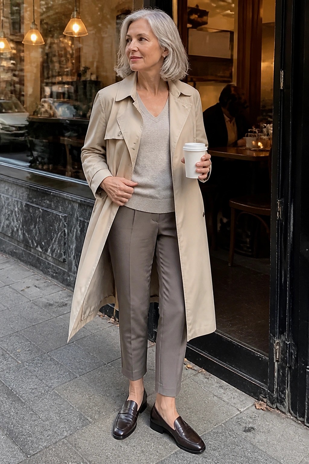 Elegant gray-haired woman in beige trench coat holding coffee outside urban cafe