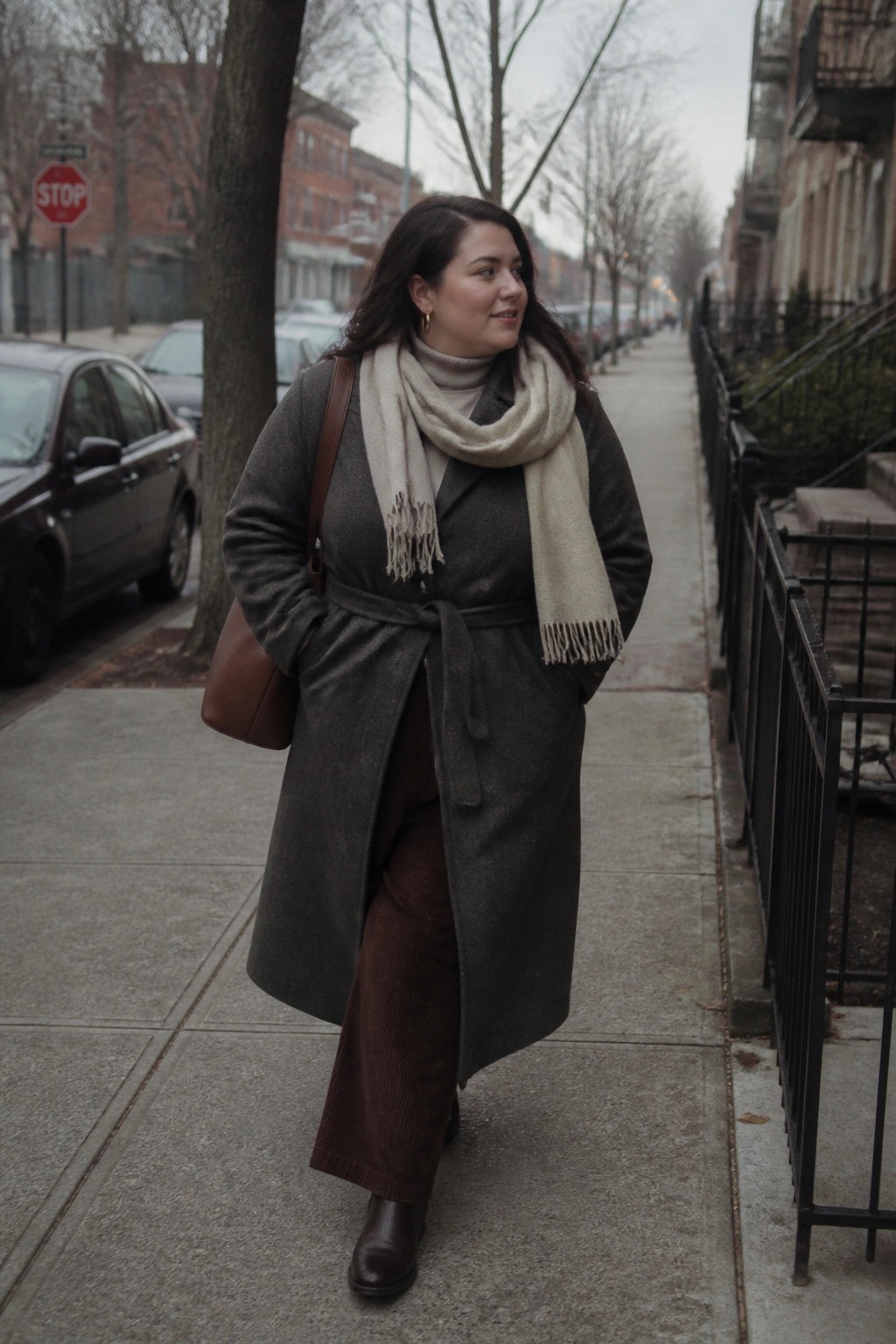 Woman in gray belted coat and beige scarf walks city sidewalk with brown bag