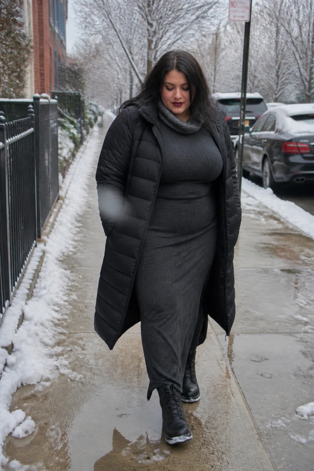 Plus size woman in long black puffer vest over gray ribbed midi dress paired with black lace up boots and gray cowl scarf.
