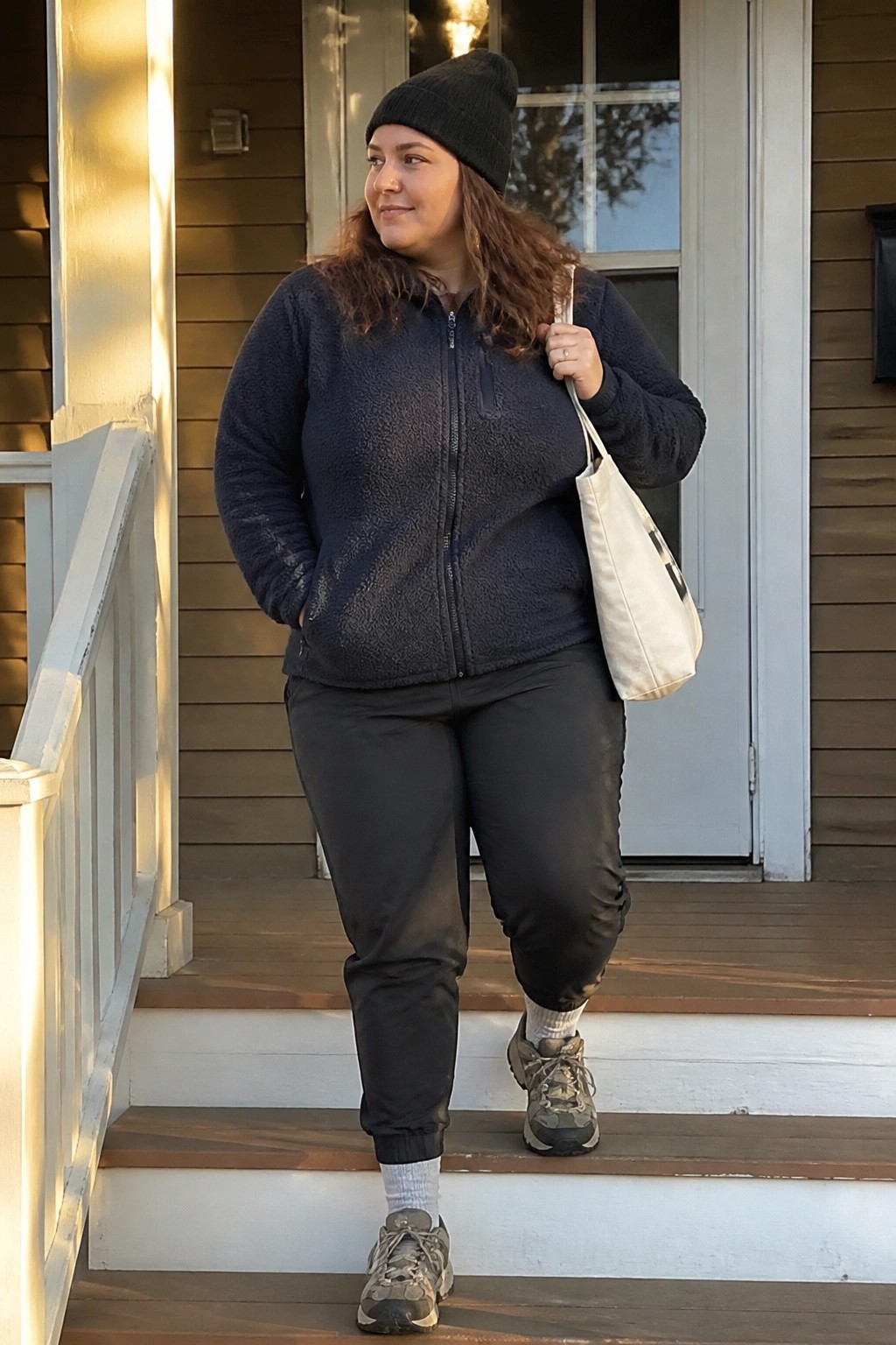 Woman in navy fleece jacket and black beanie on wooden steps with tote bag.