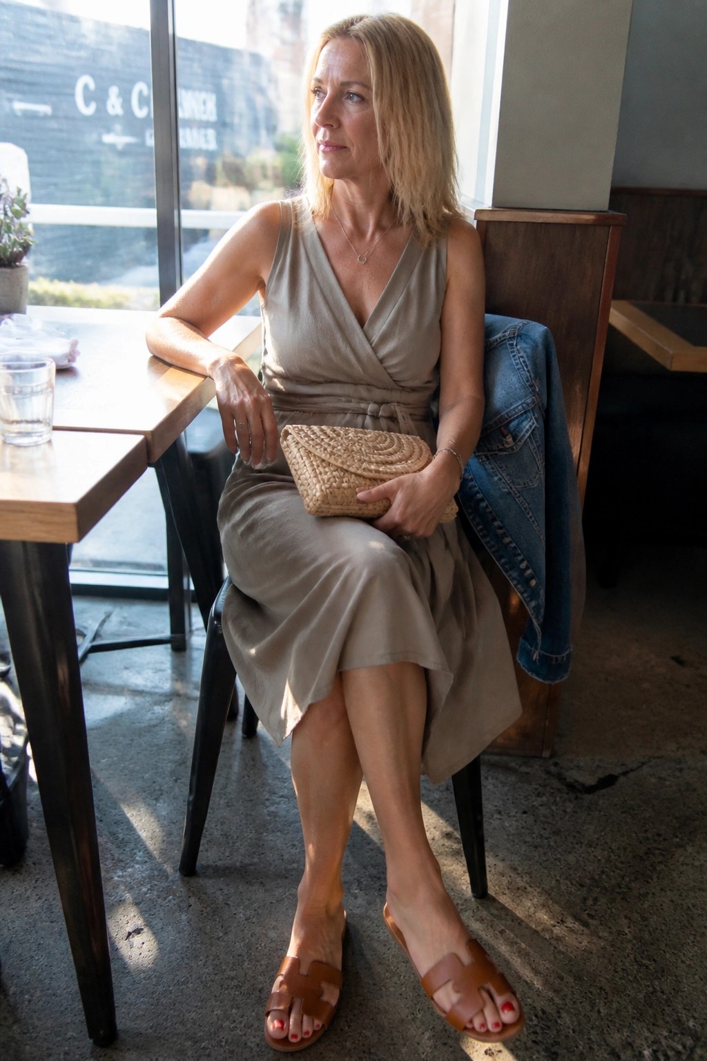 Blonde woman in beige wrap dress holding woven clutch at sunlit cafe table.
