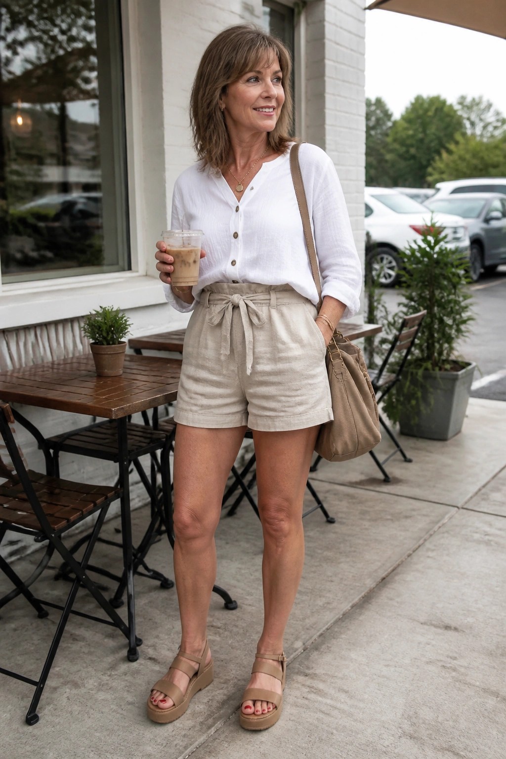 Woman over 50 in white linen button-up shirt tucked into beige linen shorts with tie belt, beige platform sandals, and shoulder bag while holding an iced coffee outdoors.
