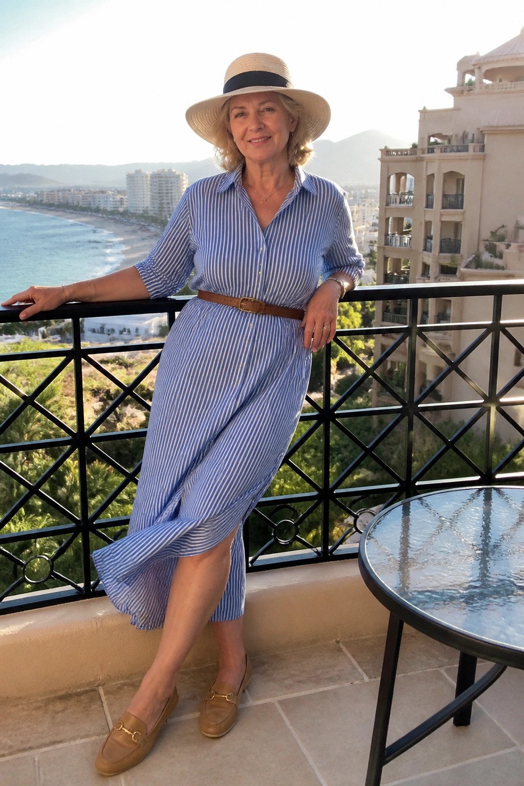 Woman in blue and white striped midi shirt dress with brown belt, brown loafers, and straw hat standing on a balcony.