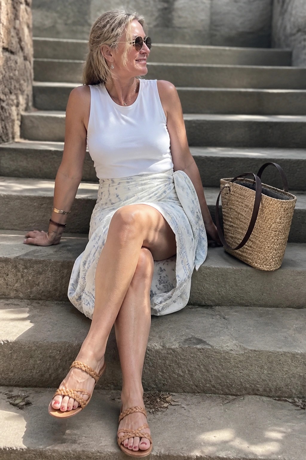 A woman over 50 in a white sleeveless tank top, light blue floral wrap skirt, and braided tan sandals sits on stone steps with gold bracelets and a straw tote nearby.