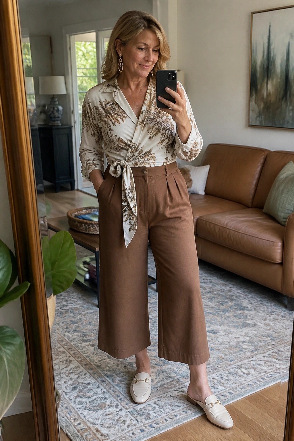 Woman over 50 wearing an ivory wrap blouse with brown floral print tied at the waist, paired with high-waisted brown wide-leg culotte pants and cream loafers with gold hardware, standing in a living room.