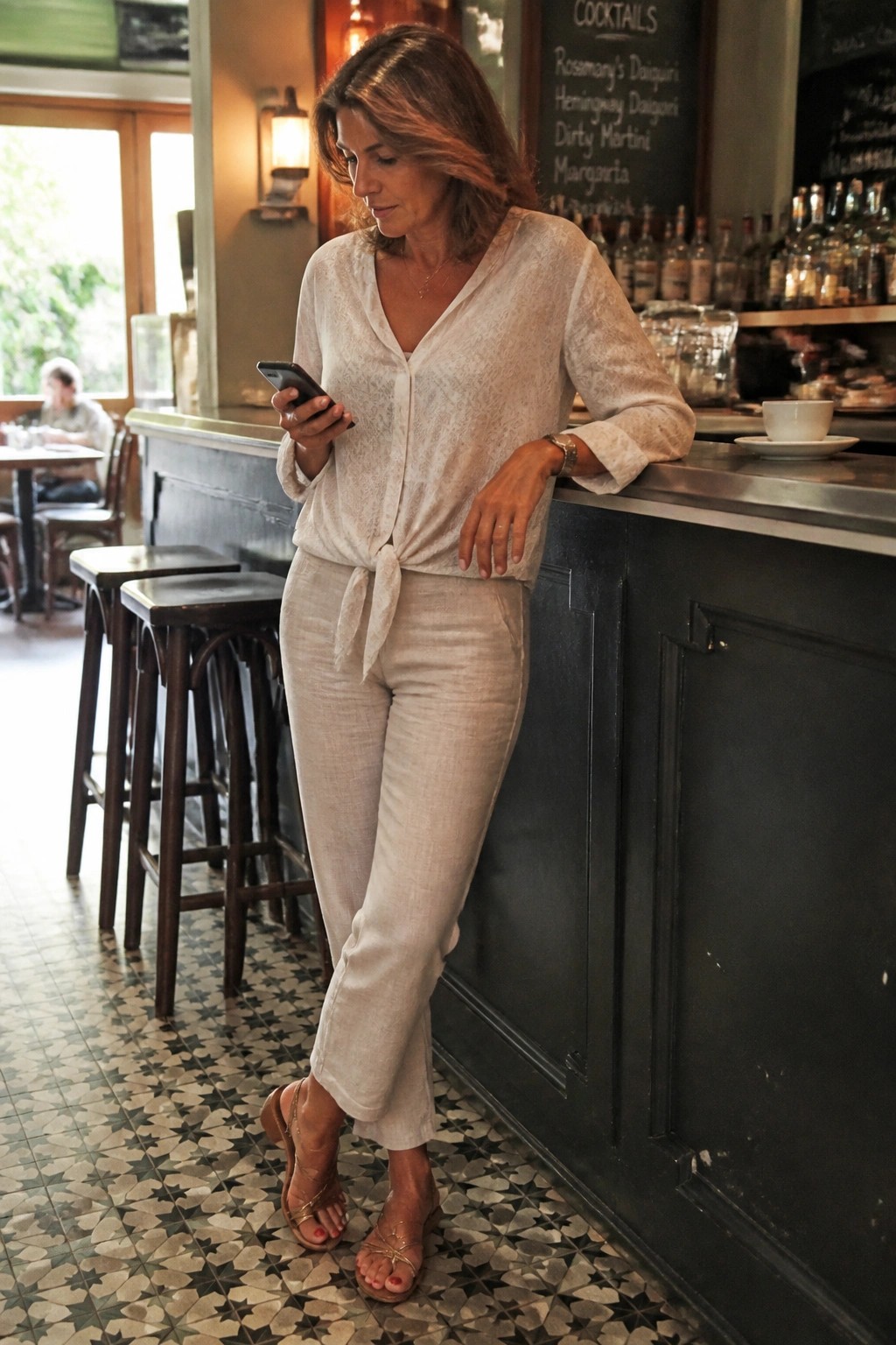 Woman wearing a cream linen tie front blouse with matching straight pants and metallic strappy sandals while standing at a bar counter.