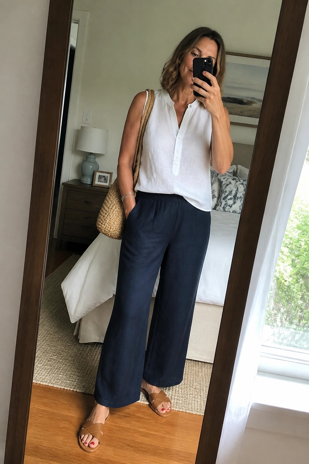 Woman over fifty in white sleeveless linen top tucked into navy wide leg pants with brown woven bag and matching slides holding phone for mirror selfie