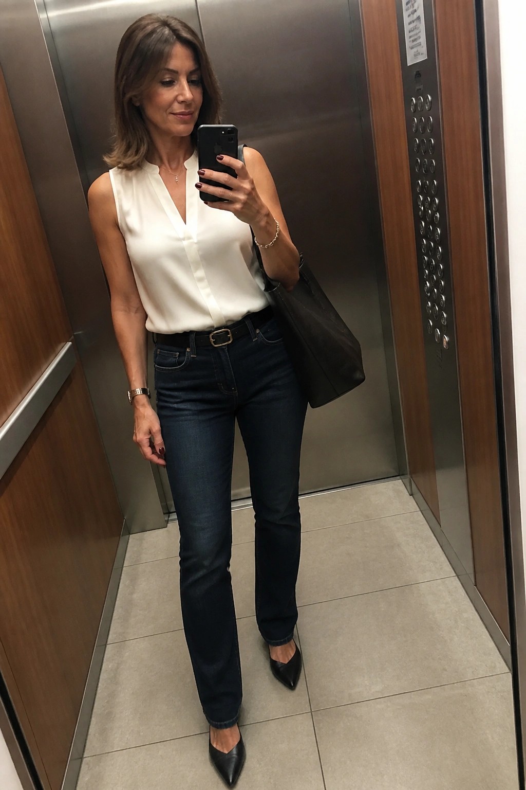 Woman in white sleeveless blouse and jeans taking mirror selfie in elevator