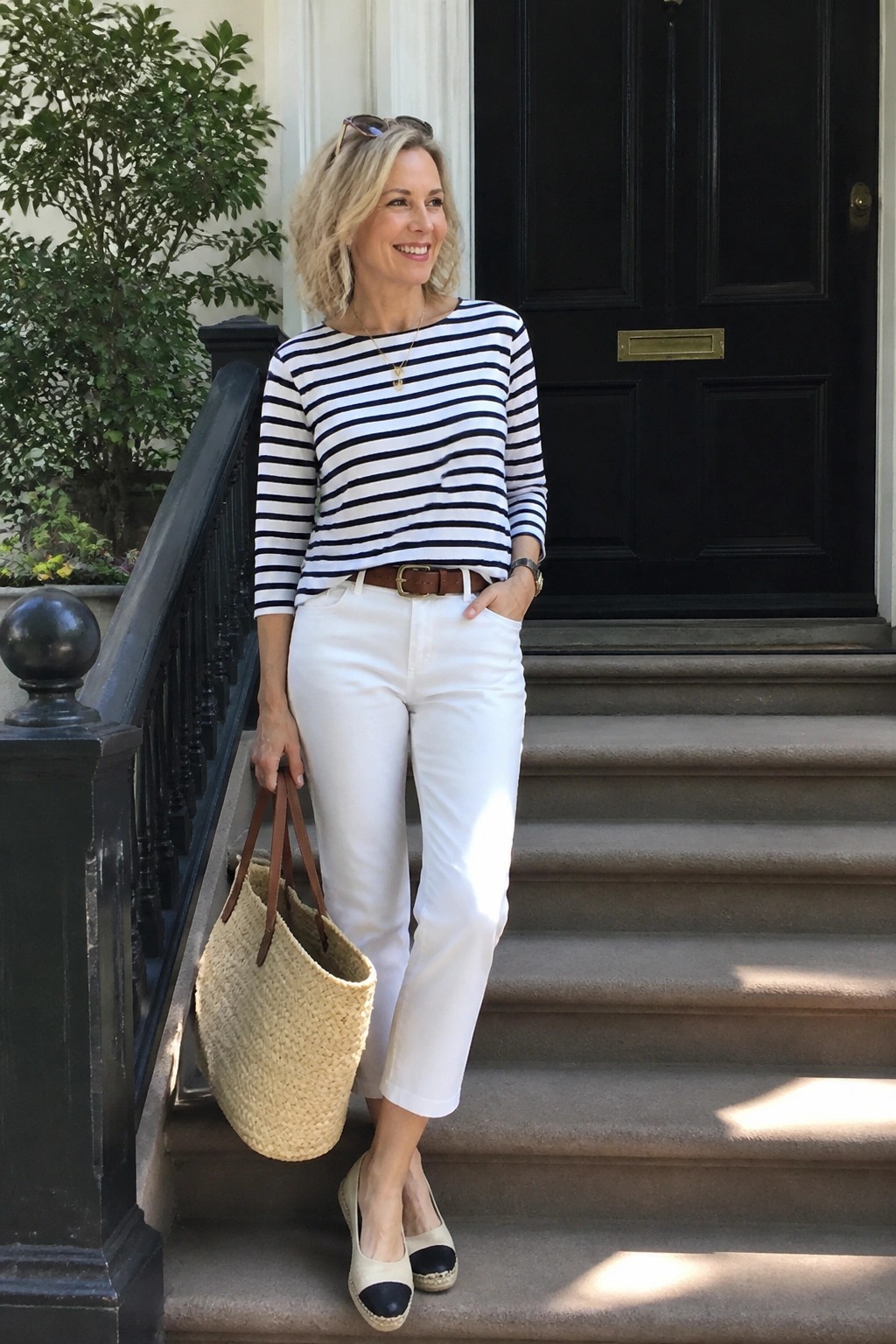 Woman over 50 wearing black and white horizontal striped boatneck top with three quarter sleeves tucked into white cropped pants secured by brown leather belt, paired with two tone beige and black espadrille flats and holding a large straw woven tote bag.
