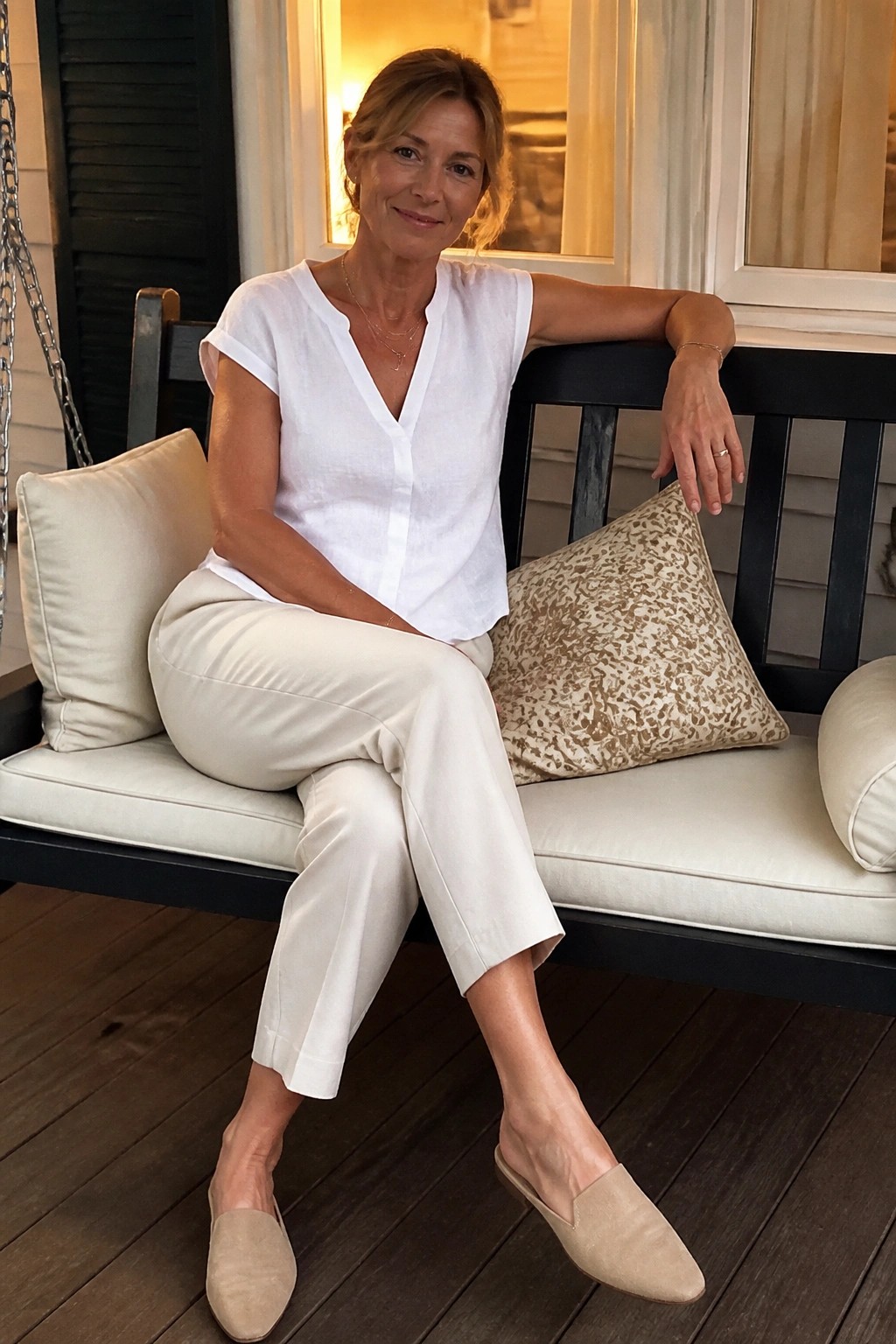 Woman in white top and pants seated on cushioned porch bench with pillows