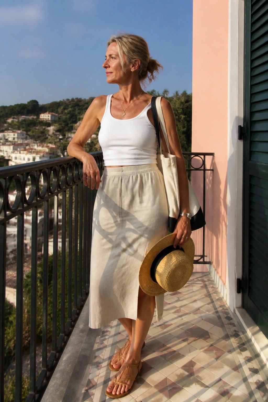 Blonde woman in white tank top and beige skirt holding straw hat on balcony