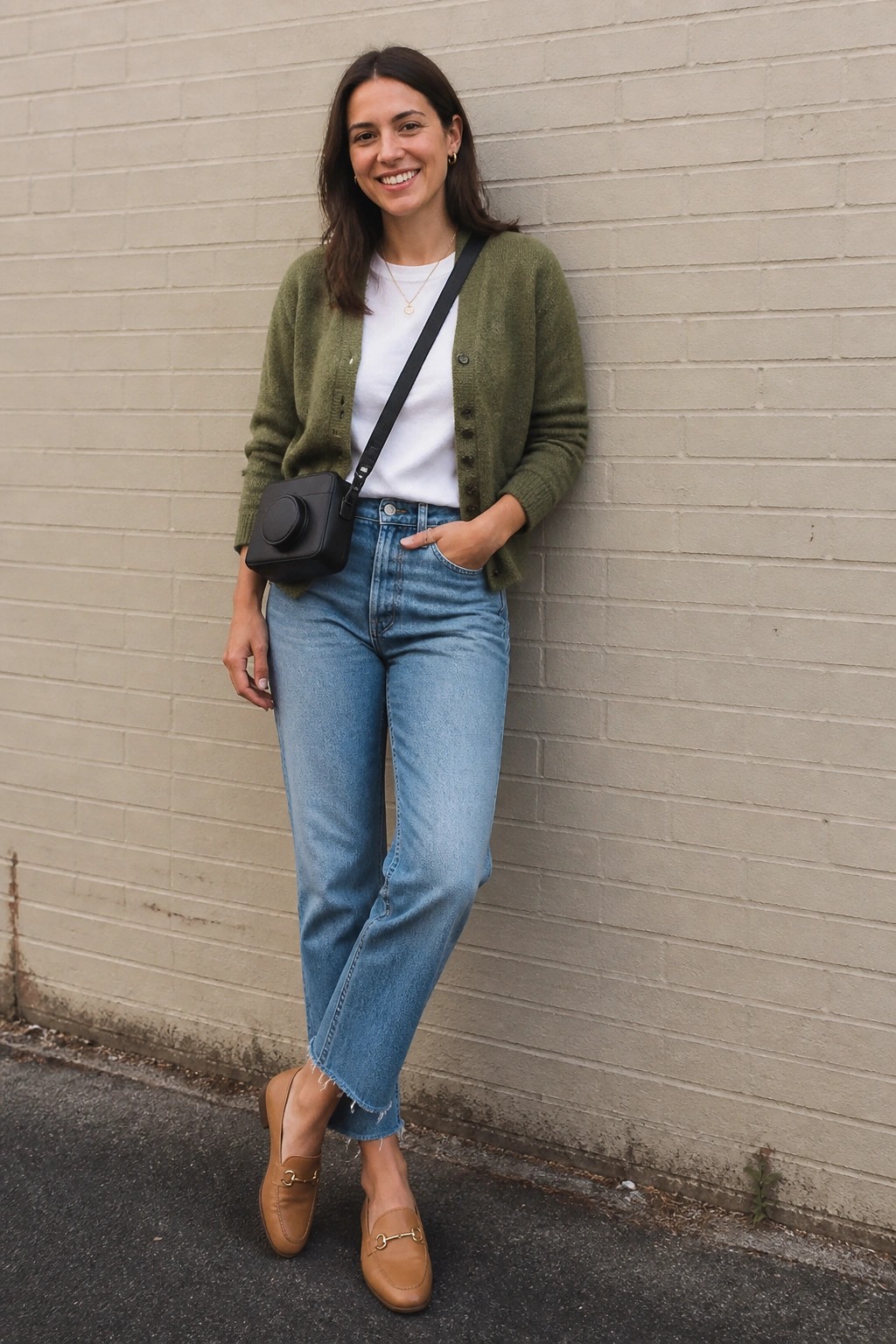 Smiling woman in green cardigan and jeans with black crossbody bag against brick wall