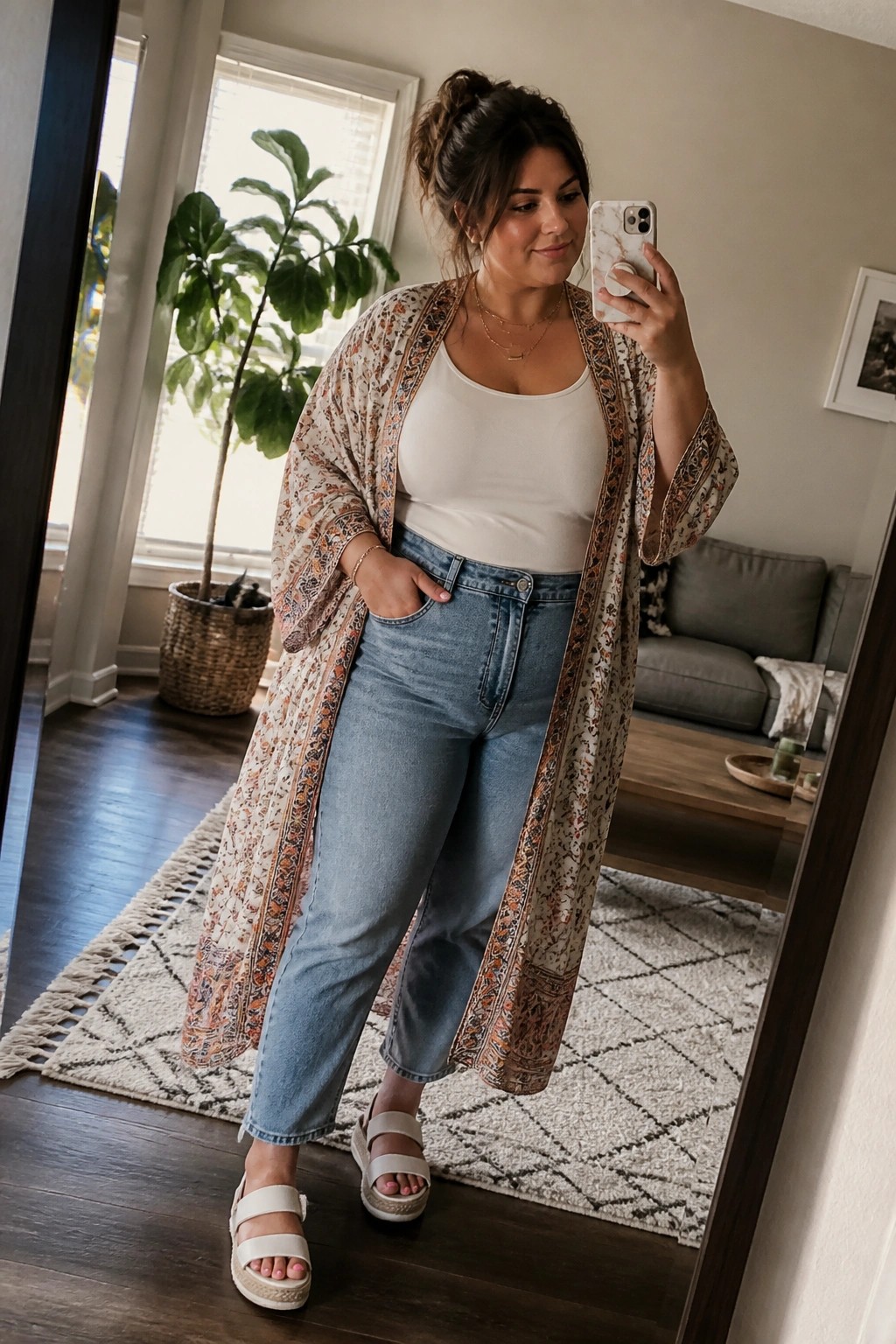 Plus size woman in mirror selfie wearing long boho patterned duster over white tank top, blue jeans, and white platform sandals.